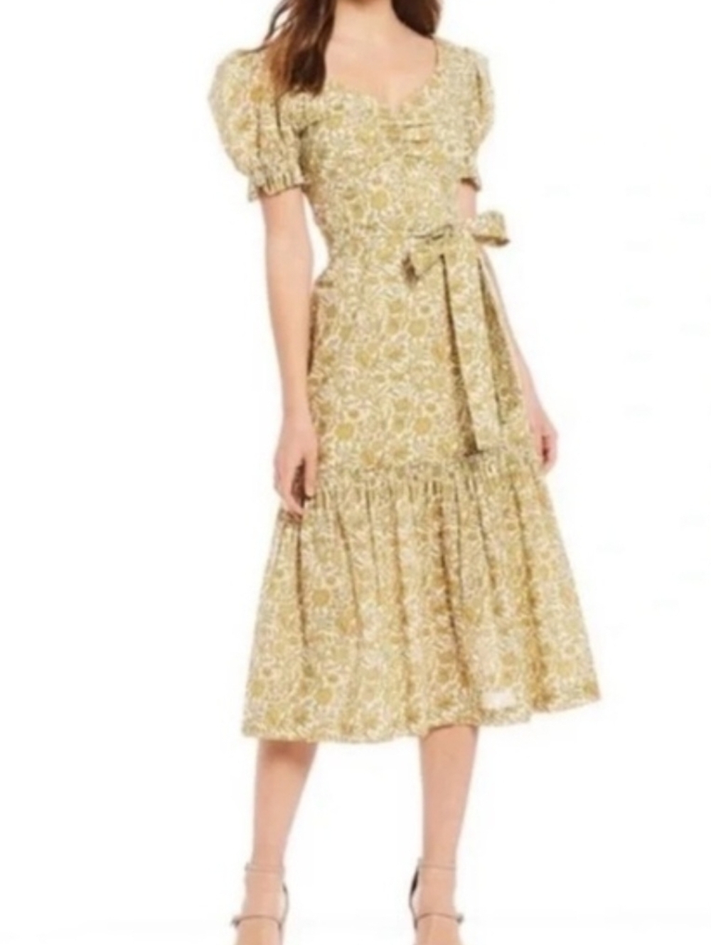 ANTONIO MELANI Mustard Floral Puff-Sleeve Midi Dress, Mermaid Hem,Belt, Sz:2 NWT